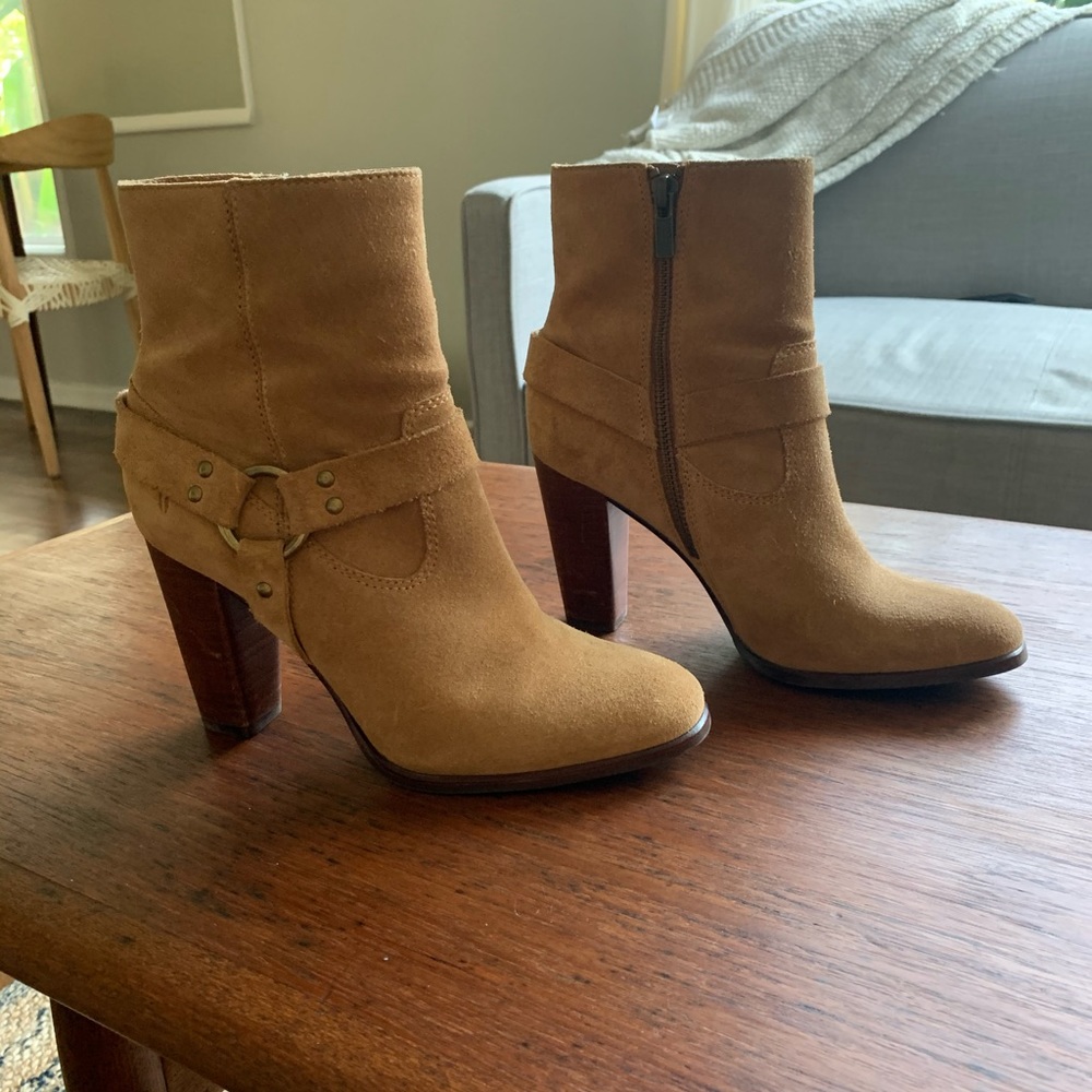 Frye Laurie Harness Tan Suede Ankle Boots